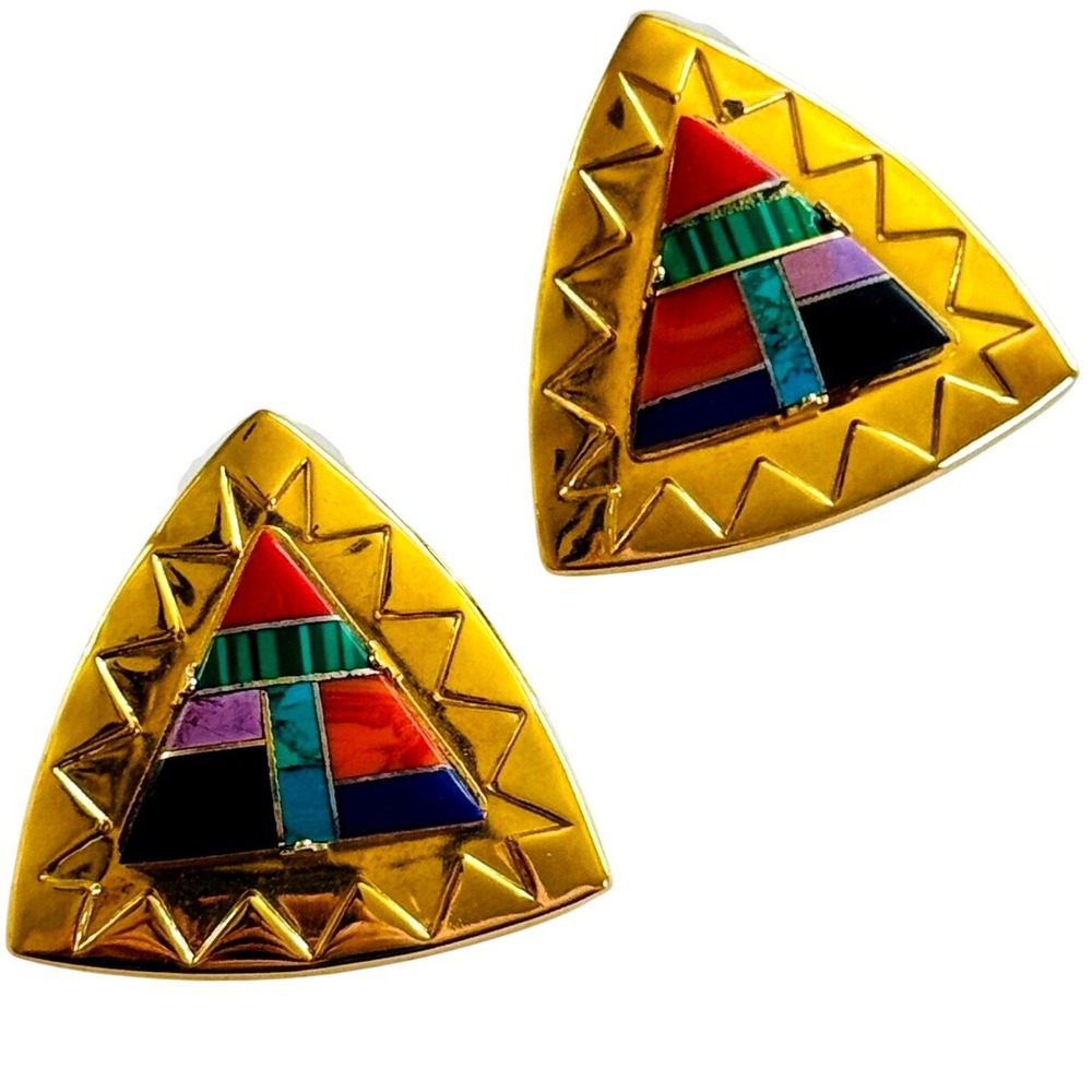 Western Earrings‎ VTG Coral Turquoise Lapis inlay Chunky gold pierced Cabochon